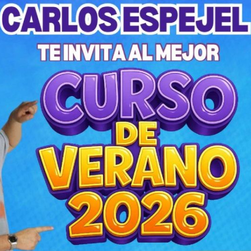 Cartel promocional con fondo azul donde se anuncia el Curso de Verano 2026 de Xpresión, acompañado por la imagen de un presentador señalando el texto.