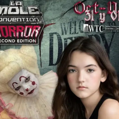 Cartel promocional de La Mole Horror Edition 2 con el logotipo del evento en la parte superior izquierda, acompañado de una fotografía de la actriz Emma-Leigh Cullen junto a una figura temática de payaso estilo terrorífico sobre un fondo oscuro con elementos góticos.
