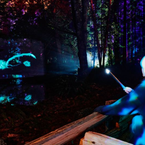 Fotografía nocturna de un sendero arbolado iluminado con luces de colores azul y violeta. A la derecha, una persona sostiene una varita mágica iluminada apuntando hacia un claro del bosque donde se proyecta la silueta luminosa de una criatura fantástica sobre una pantalla de agua.