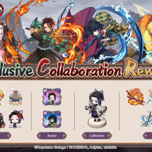 Ilustración promocional de la colaboración entre Isekai: Slow Life y Demon Slayer con Tanjiro, Nezuko, Zenitsu, Inosuke, Giyu y Shinobu en la parte superior, y una vitrina con recompensas exclusivas como emojis, avatares, coleccionables y artefactos en la parte inferior.
