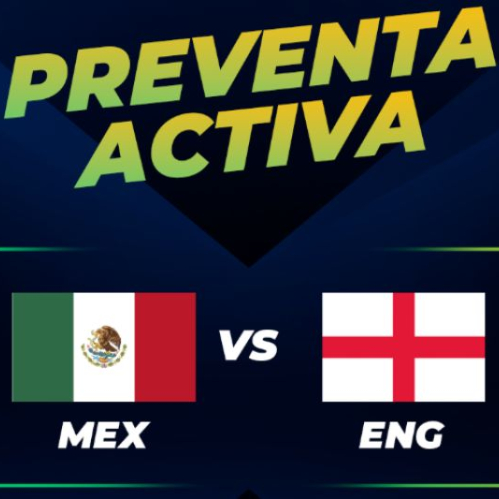 Material promocional con banderas de México y Inglaterra, acompañado de información sobre funciones en salas de cine.