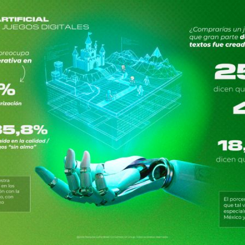 Infografía con datos sobre la percepción de jugadores latinoamericanos respecto al uso de IA en videojuegos, incluyendo preocupaciones y disposición de compra.