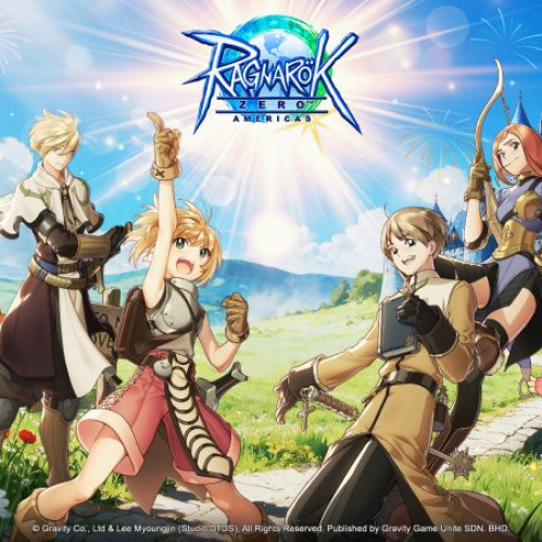 Ilustración promocional de Ragnarok Zero Americas con el logotipo en la parte superior central rodeado por fuegos artificiales, varios personajes de clases clásicas como arqueros, espadachines y acólitos en primer plano sobre un campo verde, acompañados por un Poring rosa con gorro de fiesta y otras criaturas.