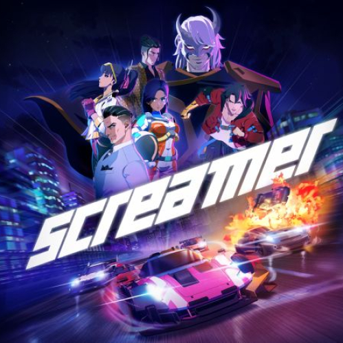 Arte conceptual promocional del juego Screamer mostrando a varios personajes de estilo anime en la parte superior y dos autos de carreras deportivos en alta velocidad sobre una pista nocturna de ciudad futurista en la parte inferior.