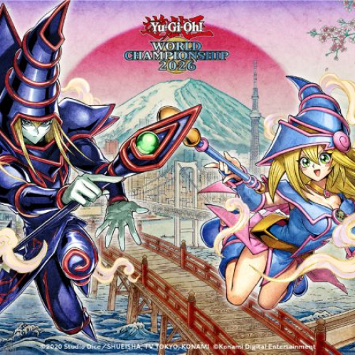 Ilustración conmemorativa del Yu-Gi-Oh! World Championship 2026 inspirada en el arte tradicional japonés con el Mago Oscuro y la Chica Maga Oscura flotando al centro, acompañados por la Torre de Tokio, el Monte Fuji y mujeres vestidas con kimonos.