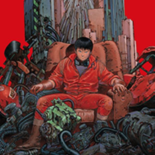Ilustración promocional de la película "Akira". Sobre un fondo rojo sólido, aparece el personaje de Kaneda vistiendo un traje rojo de motociclista con un chaleco que lleva el ícono de una píldora en la espalda. Está sentado sobre un sillón entre un cúmulo de piezas mecánicas, cables y componentes de la motocicleta roja sobre un suelo de chatarra urbana.
