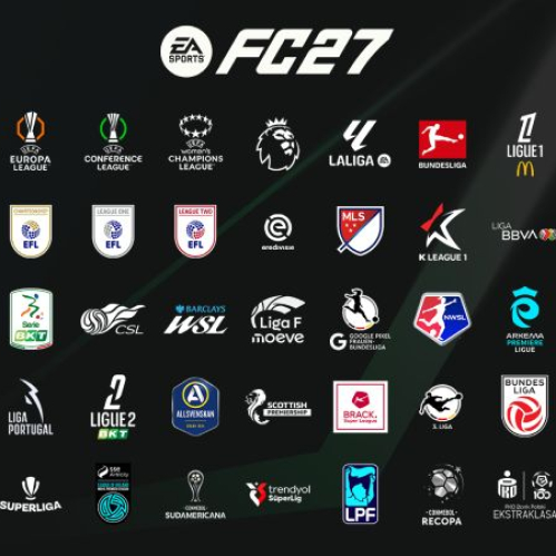 Infografía oficial de EA SPORTS FC 27 con fondo oscuro que despliega los logotipos de las ligas y torneos licenciados, incluyendo UEFA Champions League, Premier League, Bundesliga, Serie A y Liga MX.