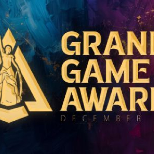 Arte promocional oficial de Grand Game Awards 4th Edition con fondo abstracto de pinceladas en tonos azules, morados y dorados, destacando el logotipo del trofeo dorado en el centro y la fecha December 17th.