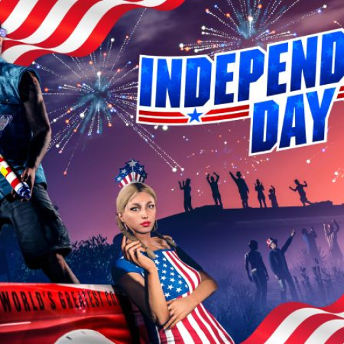 Arte promocional con dos personajes celebrando el Día de la Independencia frente a un fondo de fuegos artificiales y colores patrióticos.