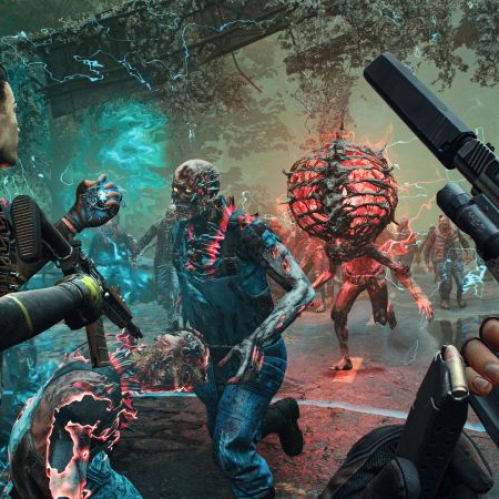 Captura de pantalla de gameplay en primera persona de "John Carpenter’s Toxic Commando" mostrando un enfrentamiento contra una horda de zombis y enemigos mutantes cargados de electricidad azul y roja.