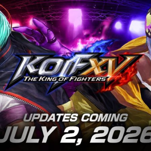 Arte promocional con dos peleadores en pose de combate sobre un fondo de luces y energía, representando la actualización de “KOF XV”.