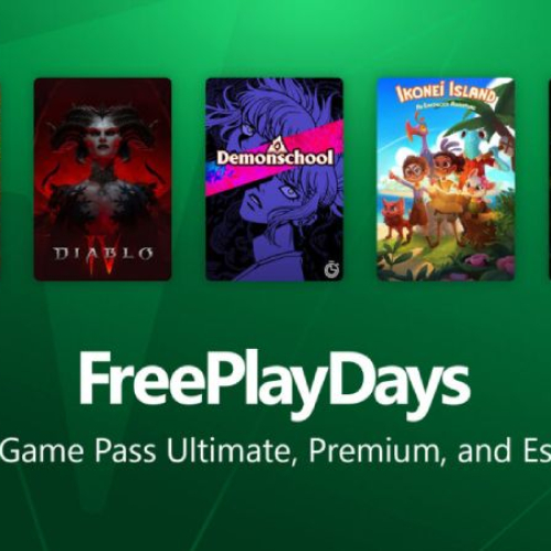 Banner promocional con cinco artes de videojuegos alineados sobre fondo verde, representando la selección de títulos disponibles en los Días de Juego Gratis de Xbox.
