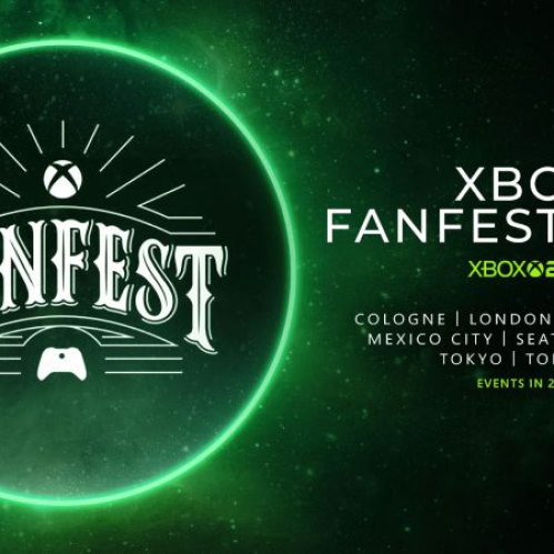 Gráfico promocional con el logotipo de Xbox FanFest sobre un fondo verde luminoso, acompañado de una lista de ciudades que formarán parte de la gira internacional del evento en 2026.