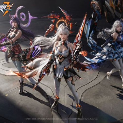 Arte promocional del evento de colaboración entre Call of Duty: Mobile y Honkai Impact 3rd donde aparecen tres Operadoras con atuendos futuristas estilo anime inspirados en las Valquirias, equipadas con armas de alta tecnología en un escenario industrial.
