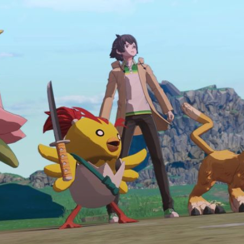 Captura de pantalla del juego DIGIMON STORY TIME STRANGER: A HERO’S ETERNAL LEGACY mostrando a un entrenador joven en un prado junto a sus tres compañeros Digimon (Yokomon, Hyokomon y Liollmon).
