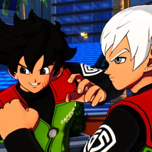 Captura de pantalla de DRAGON BALL XENOVERSE 3 mostrando a dos avatares personalizados con vestimentas tácticas y el logo de Capsule Corp en una zona urbana futurista de West City.