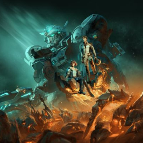 Artwork horizontal oficial de "GUNDAM ROGUE ORBIT" que muestra a los pilotos RE-X y Sofia sobre una estructura rocosa frente al colosal Gundam Helix iluminado en tonos verdes y anaranjados.