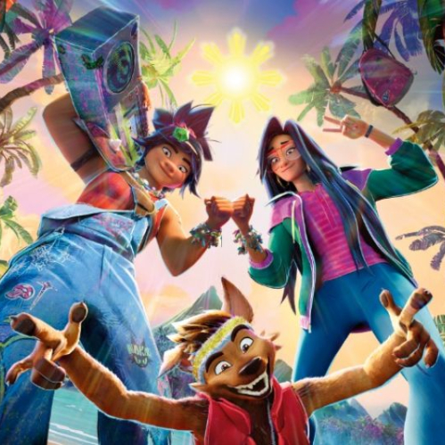 Póster oficial promocional en vertical con encuadre en plano contrapicado en una playa tropical rodeada de palmeras bajo un cielo soleado. En el centro destacan tres personajes principales: a la izquierda, Jo viste overol de mezclilla y porta una grabadora estéreo sobre el hombro; a la derecha, Raissa viste chaqueta deportiva rosa y verde haciendo una señal con la mano; al frente en primer plano, un animal antropomórfico de pelaje café con chaleco rojo y banda en la cabeza posa con los brazos abiertos. En la parte superior sobresale el sello circular "Garantía Cinépolis" y la frase "De los directores de El Gato con Botas: El último deseo", mientras que en la parte inferior se lee el título "LA ISLA OLVIDADA" y la fecha "16 DE SEPTIEMBRE SOLO EN CINES".