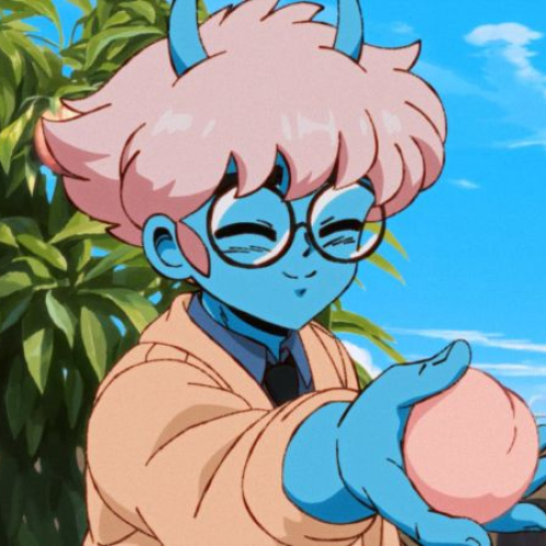 Captura de pantalla de "Orbitals" inspirada en el anime de los años 80 que muestra a un personaje de piel azul con cuernos y gafas sosteniendo un durazno.