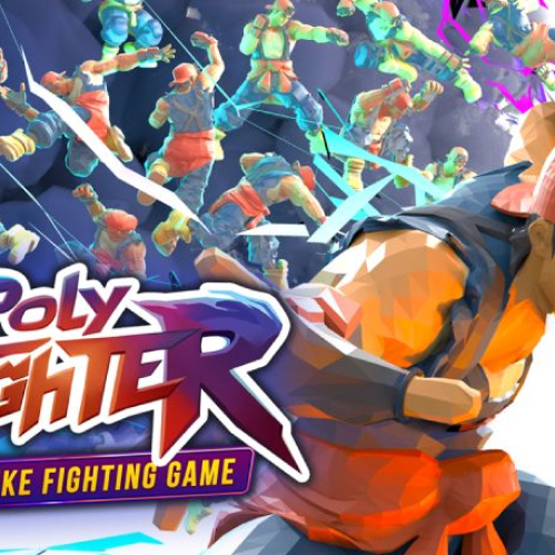 Ilustración del logotipo de "Poly Fighter" junto a un peleador de estilo poligonal en pose de combate con múltiples siluetas de movimientos detrás.