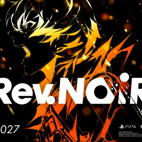 Ilustración oficial del videojuego Rev. NOiR donde se observa el perfil del personaje Asch gritando entre destellos dorados y sombras, acompañado por el logotipo del título, el año de lanzamiento 2027 y los emblemas de PS5, Xbox Series X|S y Steam.