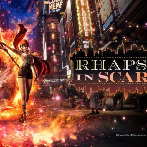 Ilustración promocional del videojuego RHAPSODY IN SCARLET donde la protagonista Ellie Myers sostiene un báculo rodeada de llamas junto a una bestia mística canina de fuego, situada en una calle nocturna de la Nueva York de 1920 iluminada por carteles de neón.
