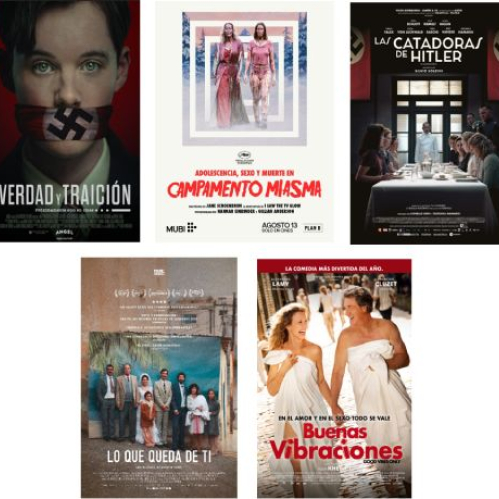 Composición tipo collage que muestra los afiches oficiales de las cinco películas de la cartelera de agosto de Sala de Arte Cinépolis. En la fila superior se aprecian los pósters de "Verdad y Traición" (izquierda), "Adolescencia, Sexo y Muerte en Campamento Miasma" (centro) y "Las Catadoras de Hitler" (derecha). En la fila inferior se integran los afiches de "Lo Que Queda de Ti" (izquierda) y "Buenas Vibraciones" (derecha).