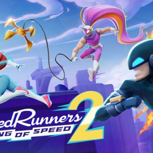 Key Art horizontal oficial de "SpeedRunners 2: King of Speed" que muestra a varios héroes y villanos corriendo y usando ganchos en el aire sobre New Rush City.