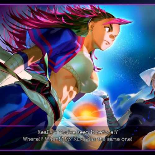Captura de pantalla del modo historia con arte ilustrado estilo novela visual en Street Fighter 6. A la izquierda aparece Yasmine, una chica filipina de cabello oscuro con destellos rosados, vestida con top blanco, mangas azules y vendajes en los brazos, luciendo una expresión decidida. A la derecha se encuentra A.K.I. observándola. En la parte inferior se muestra la caja de diálogo donde Yasmine dice "Really!? You've seen it before!? Where!? When!? My Kuya has the same one!".