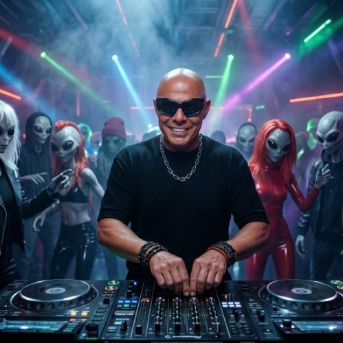 Escena de un club futurista donde un DJ toca frente a una multitud de figuras humanoides con estética extraterrestre, iluminados por luces neón y un ambiente festivo.