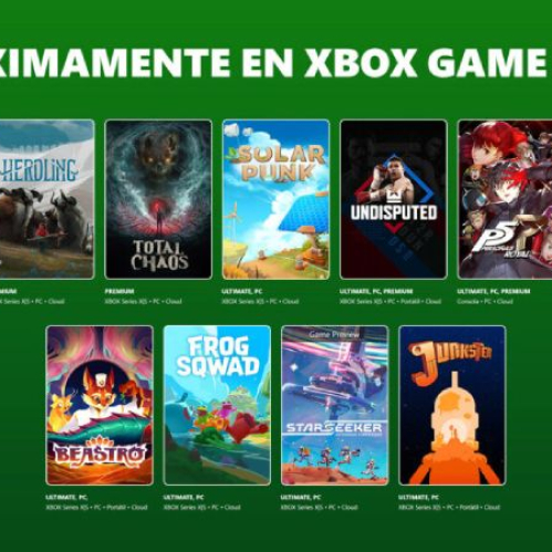 Banner promocional con varias portadas de videojuegos próximos a llegar a Xbox Game Pass sobre un fondo verde.