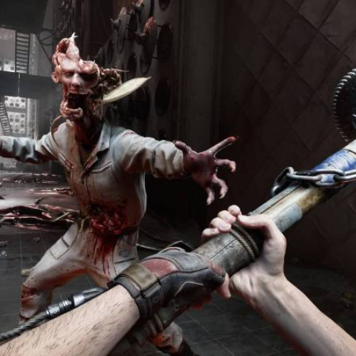 Escena de combate del DLC Blood on Crystal de Atomic Heart con un enemigo mutado dentro de Facility 3826.