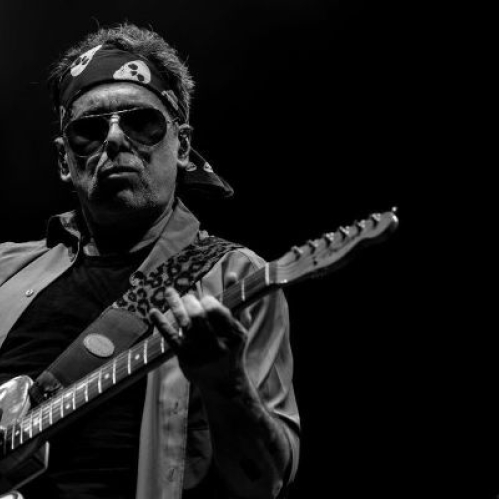 Fotografía en blanco y negro del músico argentino Andrés Calamaro en vivo sobre el escenario. Calamaro viste una paliacate con estampado de calaveras en la cabeza, gafas de sol oscuras y sostiene una guitarra eléctrica mientras interpreta un tema. La iluminación destaca su figura sobre un fondo oscuro.