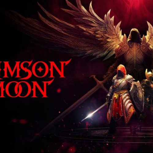 Arte promocional del videojuego Crimson Moon. A la izquierda se observa el logotipo del juego en letras rojas estilizadas sobre un fondo negro. A la derecha destacan dos guerreros armados con armaduras, espadas y escudos en tono dorado y rojo. Detrás de ellos se alza una imponente figura angélica envuelta en sombras con grandes alas emplumadas extendidas en un fondo envuelto en luz roja.