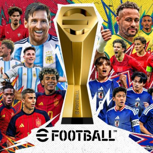 Composicion grafica con jugadores de distintas selecciones nacionales alrededor de un trofeo dorado en un diseño promocional.