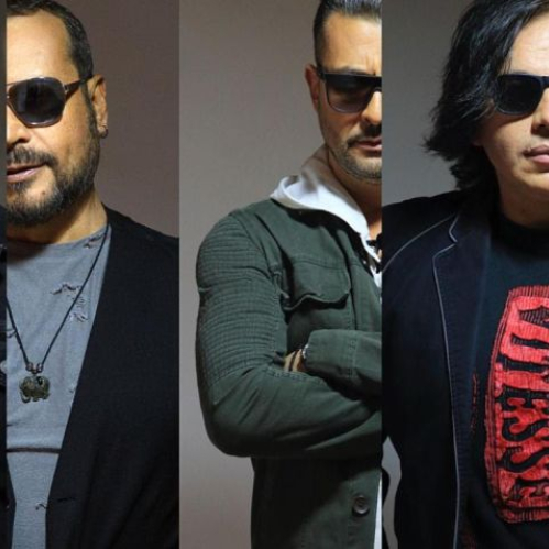 Composición fotográfica dividida en franjas verticales mostrando a cada uno de los cinco integrantes de la banda Elefante usando gafas oscuras y vestuario casual.