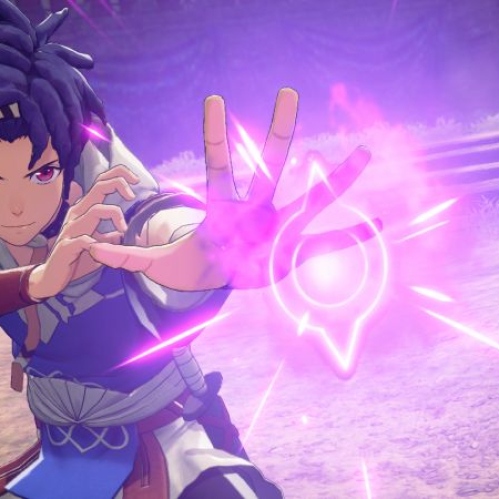 Captura de pantalla del videojuego Fire Emblem: Fortune's Weave ejecutado en Nintendo Switch 2. En el centro aparece Cai, un joven luchador de cabello oscuro en rastas y ojos rosados, vistiendo una túnica azul y blanca. El personaje extiende su mano hacia el frente proyectando un glifo mágico circular de color rosa brillante en el aire. El fondo muestra un escenario de entrenamiento al aire libre.