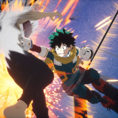 Captura de pantalla de combate de MY HERO ACADEMIA: ALL’S JUSTICE mostrando a Izuku Midoriya en el aire lanzando un golpe cargado de energía frente a Tomura Shigaraki.
