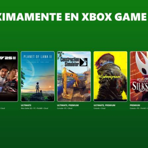 Banner promocional con fondo verde que muestra las portadas de varios juegos próximos a llegar a Xbox Game Pass, incluyendo títulos como Cyberpunk 2077, Planet of Lana II y Hollow Knight: Silksong.