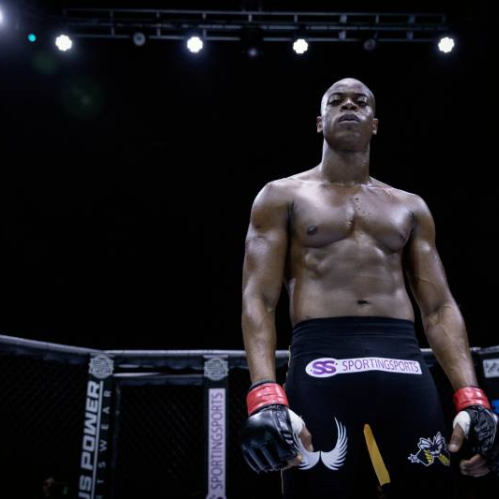 Imagen de un atleta de artes marciales mixtas dentro de un octágono, preparado para un combate, con iluminación de escenario y ambiente competitivo.