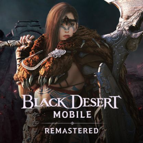 Arte promocional del videojuego Black Desert Mobile Remastered. Muestra a una guerrera de clase bárbara con armadura de pieles, pintura en el rostro y un hacha gigante sobre los hombros, sobre un fondo de ruinas antiguas en un ambiente nocturno.