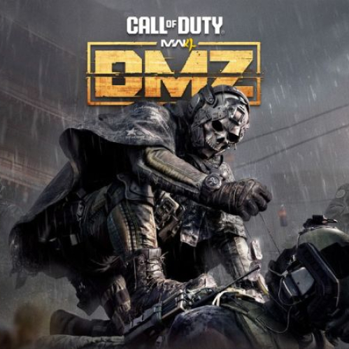 Arte promocional oficial del modo DMZ para Call of Duty: Modern Warfare 4, mostrando al icónico operador Ghost con máscara táctica sosteniendo un cable de extracción sobre un enemigo derribado en un entorno de lluvia frente a un templo tradicional, con el logotipo dorado de Call of Duty MW4 DMZ en la parte superior.