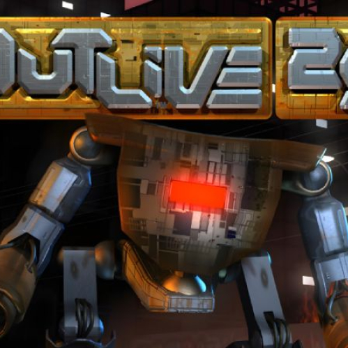Arte promocional del videojuego de estrategia OUTLIVE 25. En primer plano se observa un robot de combate mecha con acabado metálico desgastado y un sensor rojo brillante en el torso, situado frente a un escenario urbano nocturno con fuego y el logotipo metálico del título en la parte superior.