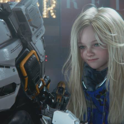 Niña interactuando con un robot futurista