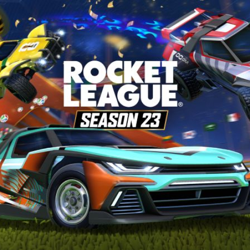 Gráfico promocional con autos de Rocket League en una arena iluminada, acompañado del anuncio de la Temporada 23.