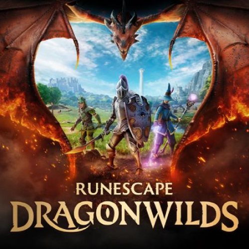 Dragón enmarcando a tres aventureros —un caballero, un arquero y un mago— en un paisaje verde con una torre al fondo.