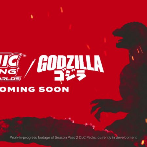 Silueta de una criatura gigante sobre fondo rojo junto a logotipos de dos franquicias, con un anuncio de contenido próximo.