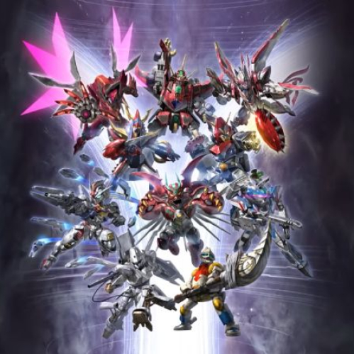 Ilustración oficial del videojuego Super Robot Wars Y que muestra una alineación estelar de diez robots mechas en posturas de combate, destacando unidades de diversas series de anime dispuestas en formación piramidal sobre un fondo espacial oscuro con destellos de energía color morado y rosa.