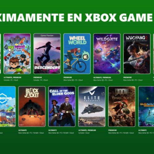 Promoción con portadas de videojuegos próximos a llegar a Xbox Game Pass, sobre un fondo verde con el texto “Próximamente en Xbox Game Pass”.