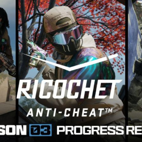 Tres operadores armados de Call of Duty en diferentes escenarios acompañan el logo de RICOCHET Anti-Cheat con el texto Season 03 Progress Report.